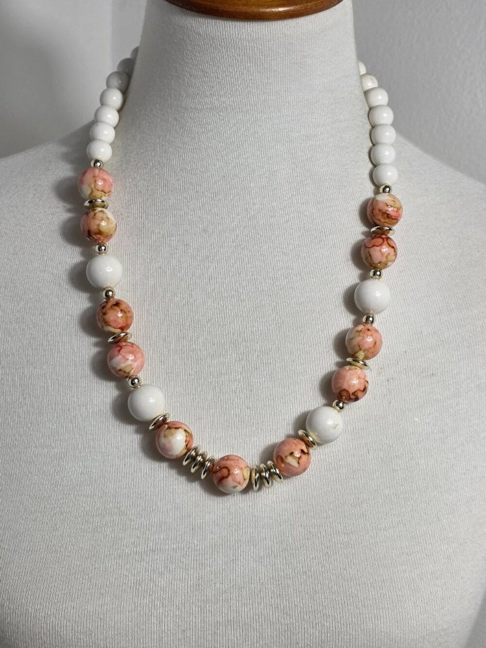 Pink and White Faux Marble Bead Necklaces Gold Tone Spacers